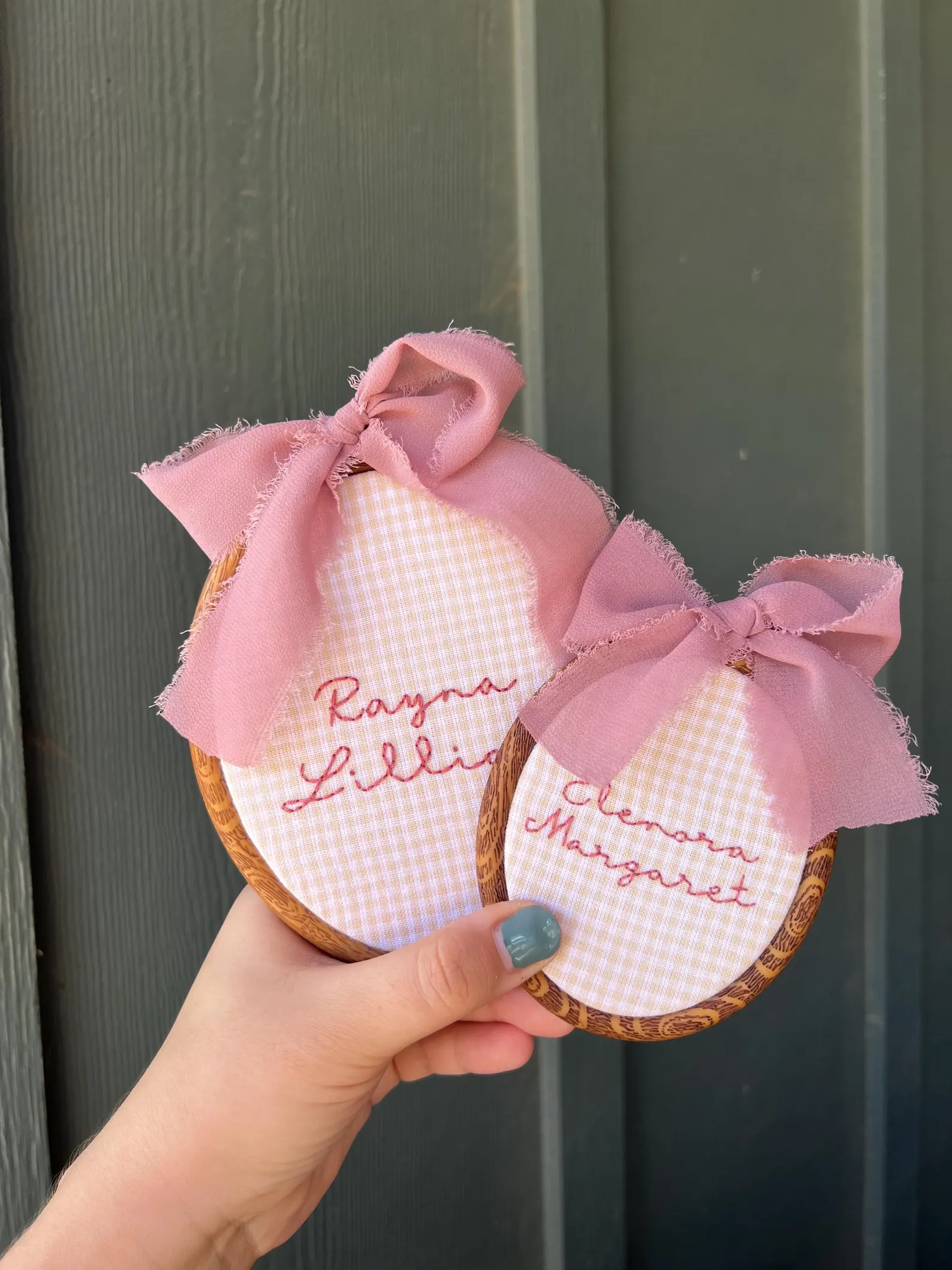 Mauve Thread Hand Embroidered Gingham Name Hoop: Custom Nursery Decor